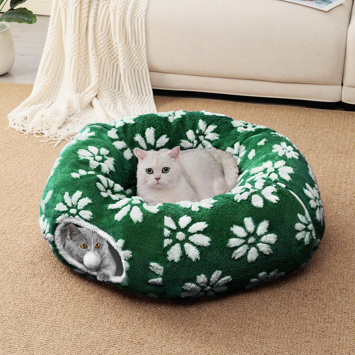 Cat Tunnel for Indoor Cats, Cute Peekaboo Cat Cave with Dangling Balls, Pet Donut Tunnel Bed with