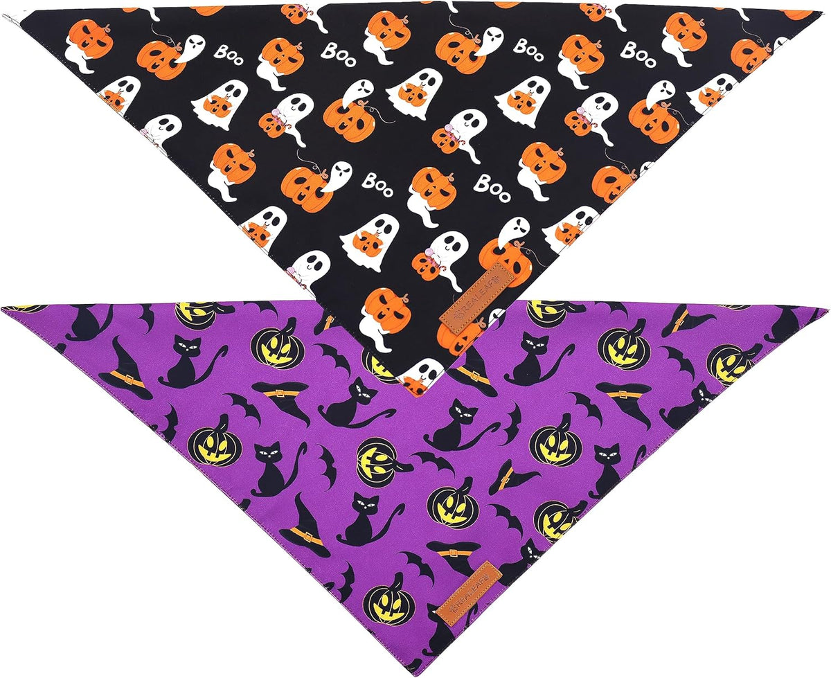 Realeaf Halloween Dog Bandanas 2 Pack, Reversible Orange Pumpkin Pet Scarf for Boy and Girl