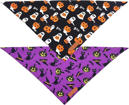 Realeaf Halloween Dog Bandanas 2 Pack, Reversible Orange Pumpkin Pet Scarf for Boy and Girl