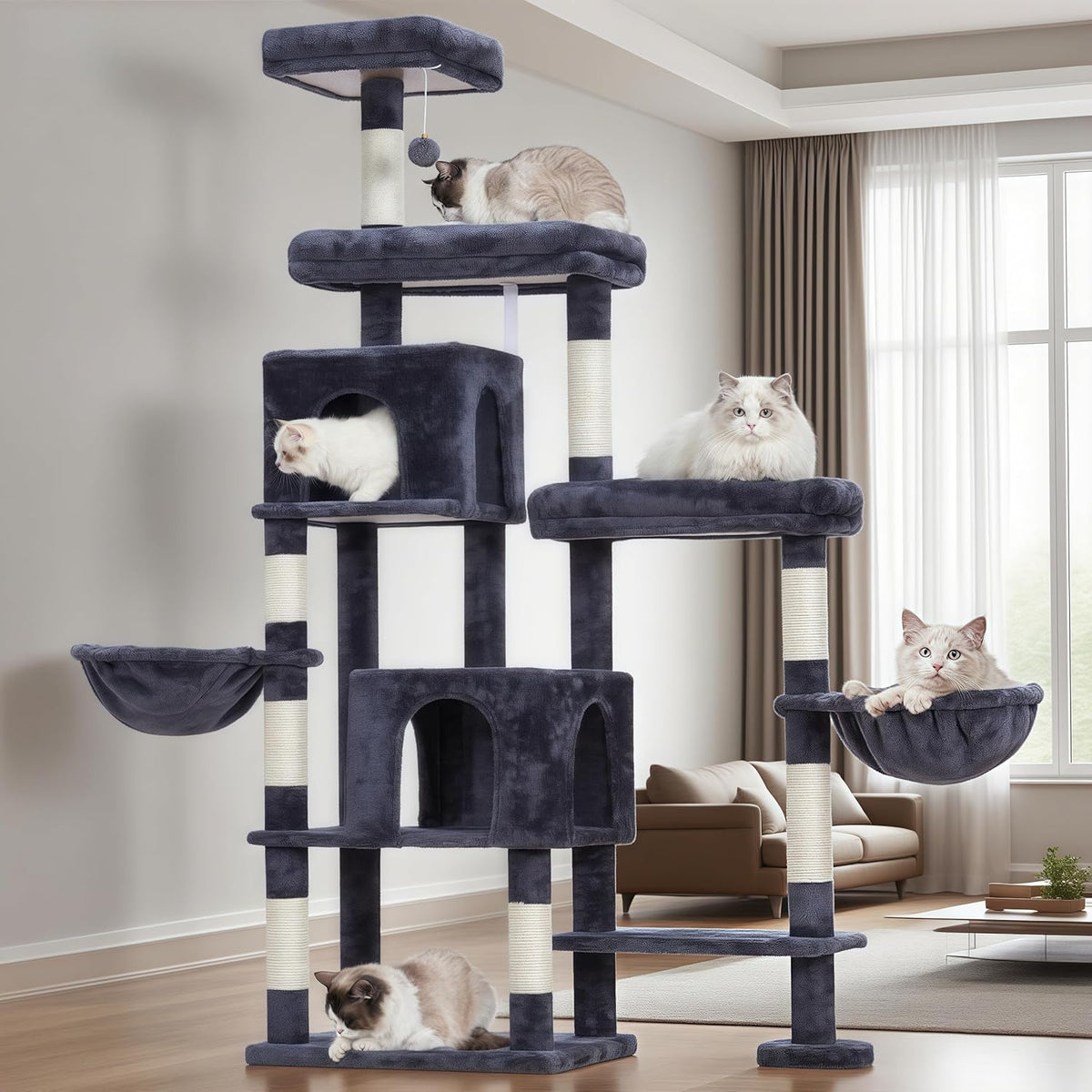 Hey-brother Cat Tree Tower, Scratching Posts with a Extended Part, Wide Platforms, Cozy Condos