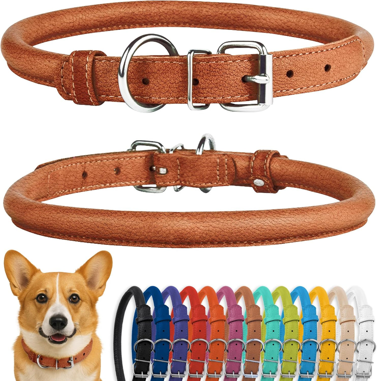 CollarDirect Rolled Leather Dog Collar, Soft Padded Round Puppy Collar, Handmade Genuine Leather