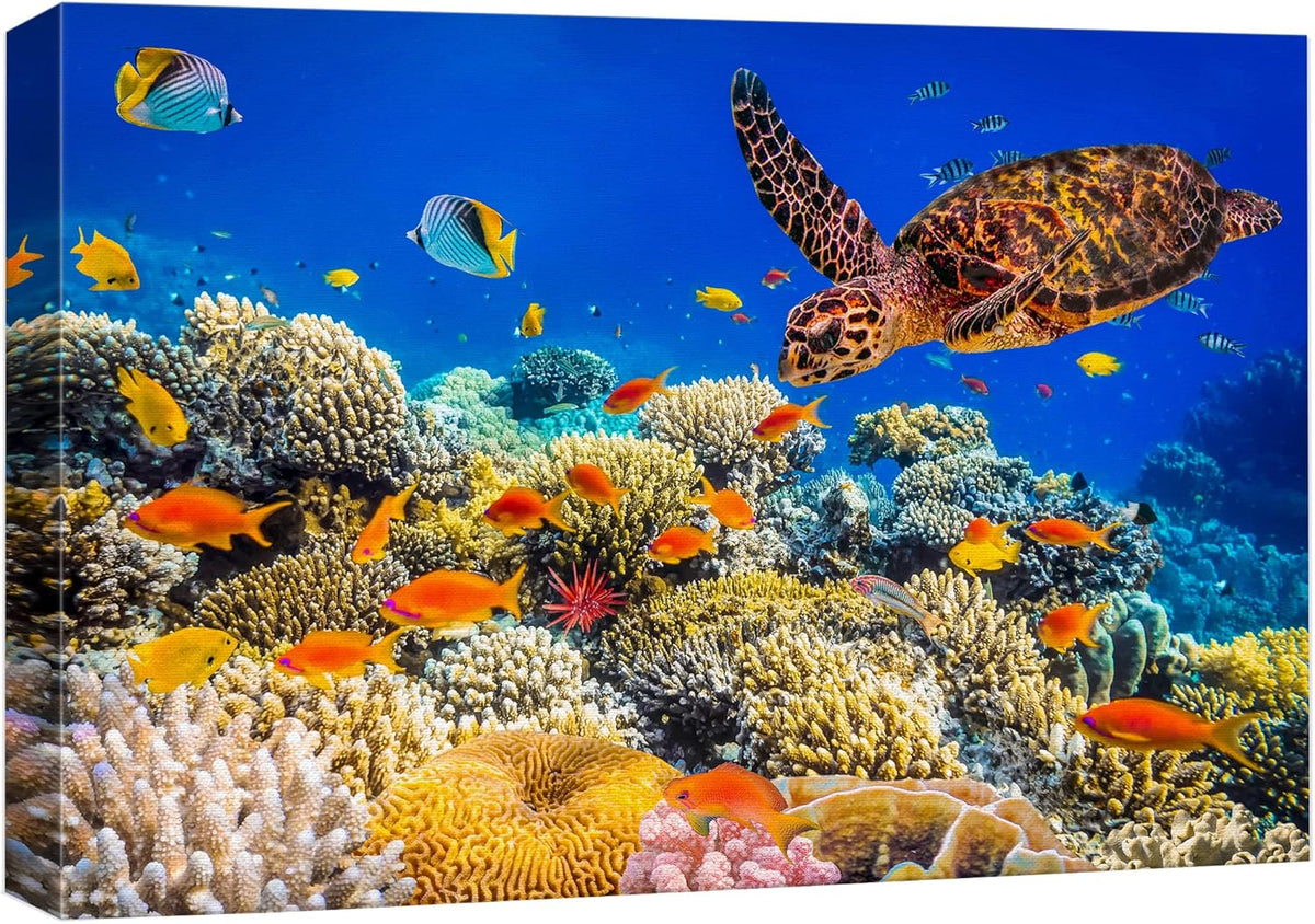 wall26 Canvas Print Wall Art Neon Coral Reef Blue Hippo Tang Fish Turtle Nature Animals Photography