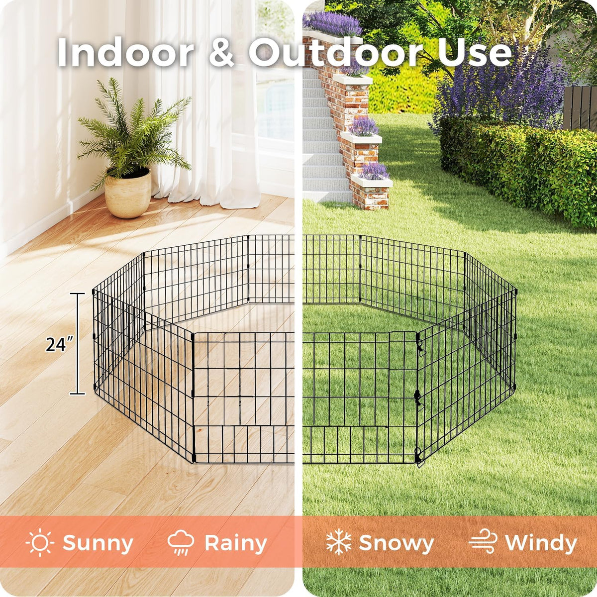 Foldable Dog Playpen 24" Height 8 Panels Metal Exercise Pen No Door - Indoor/Outdoor Puppy Playpen