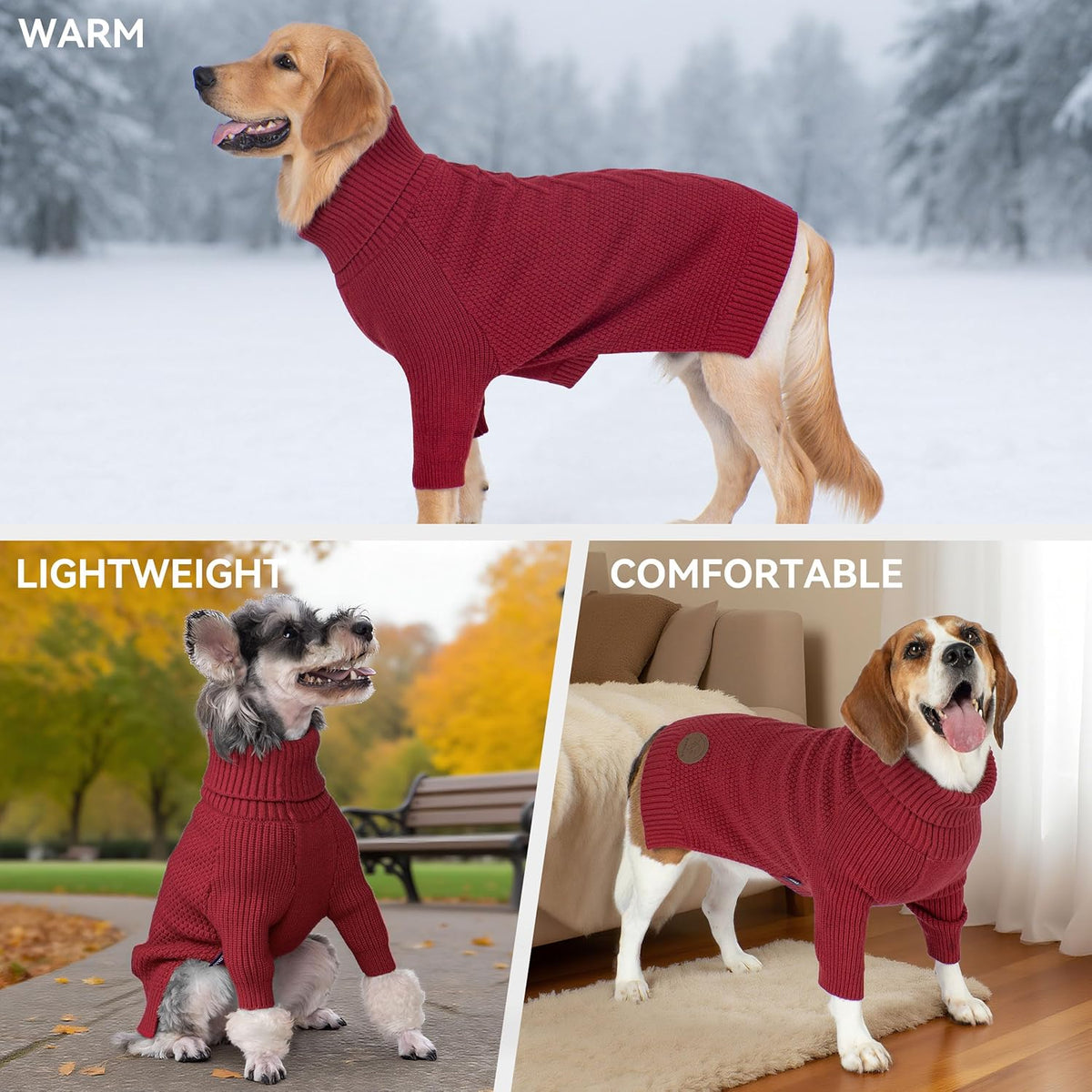 cyeollo Dog Sweater Warm Turtleneck Knitted Dog Christmas Sweaters with Sleeve Soft Winter Pet