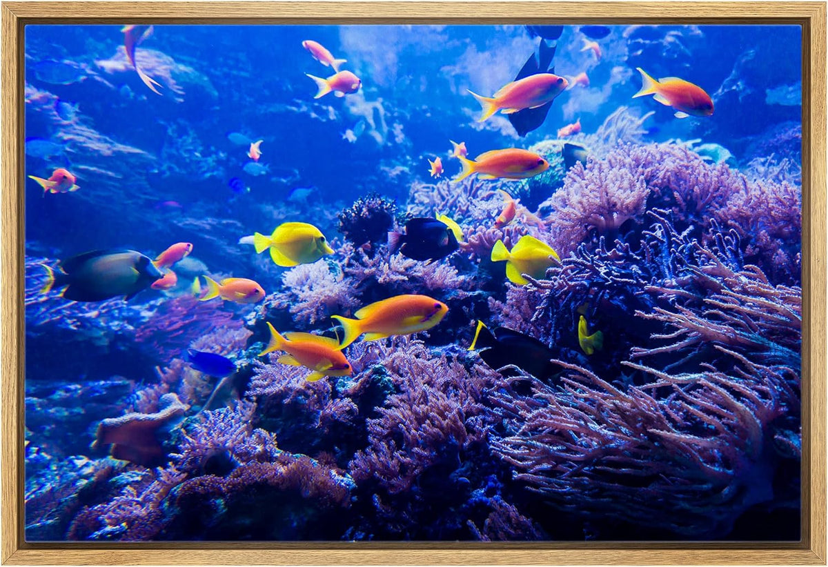 wall26 Framed Canvas Print Wall Art Purple Blue Vibrant Anemone Coral Reef Fish Nature Animals