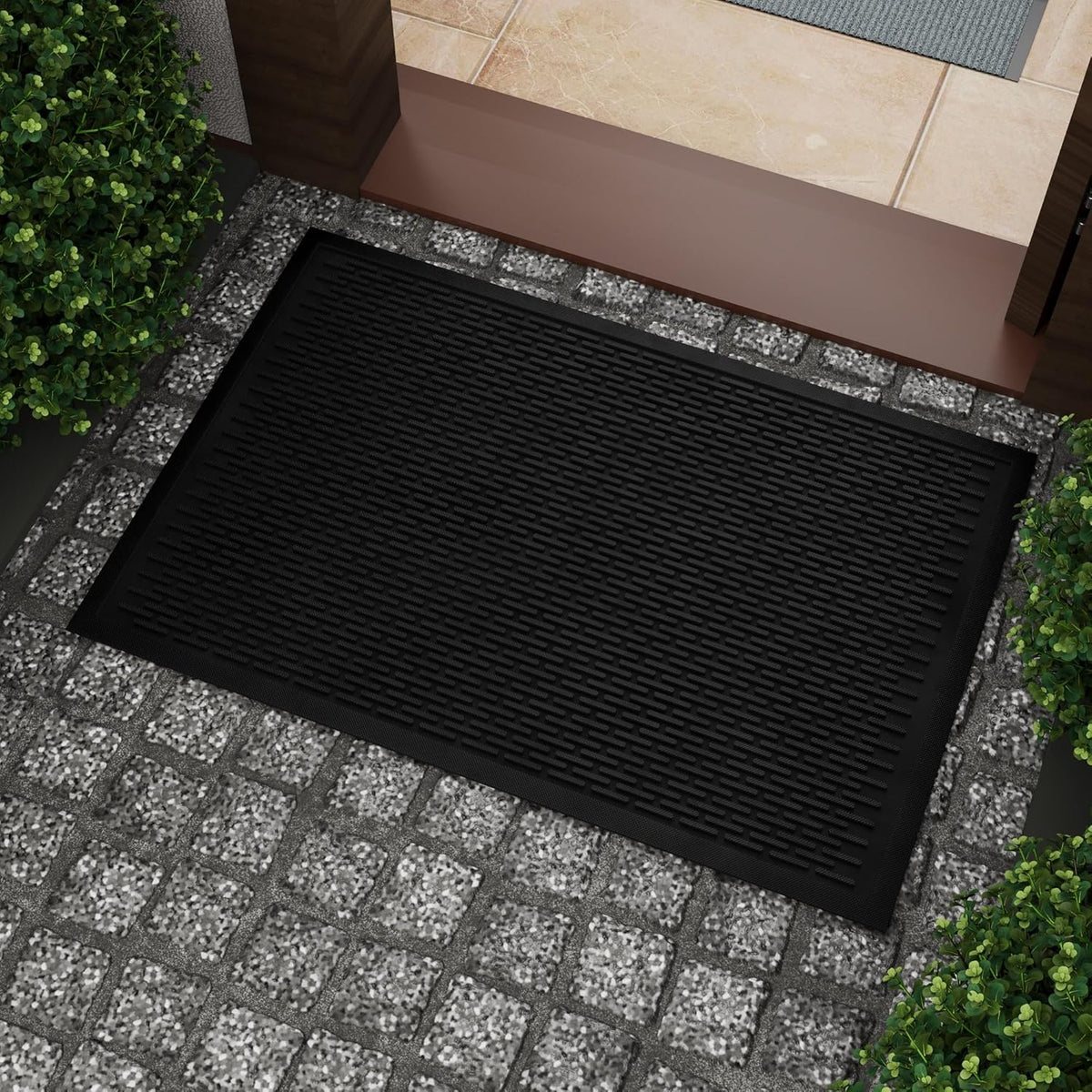 Indoor/Outdoor Hose-Wash Ribbed Design Non-Slip Rubber 2x3 Modern Entryway Mat for Entryway, Patio