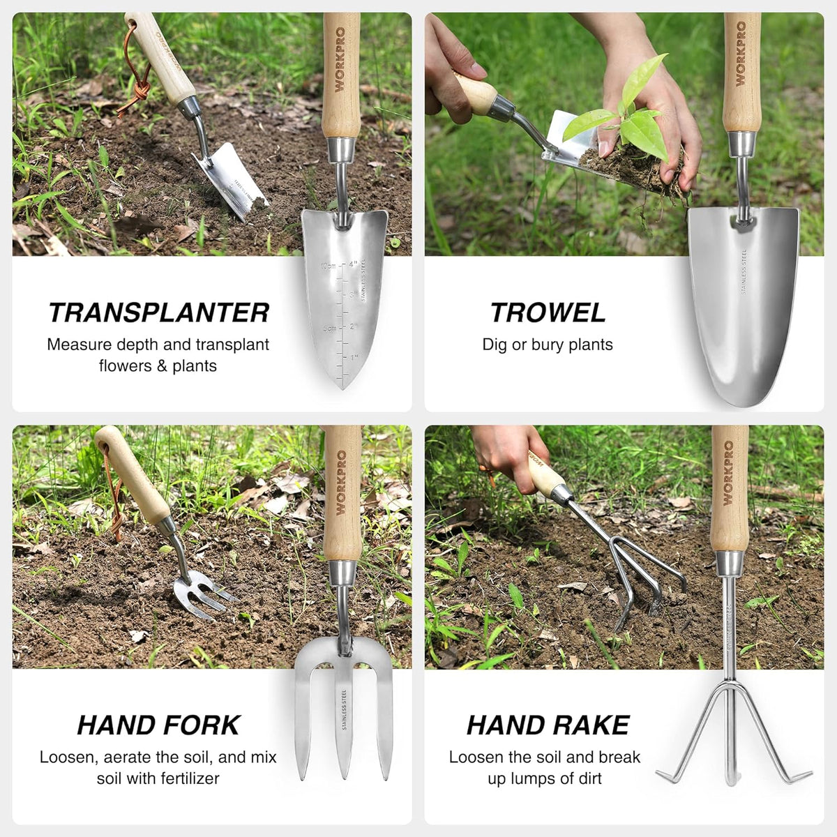 WORKPRO 8-Piece Pink Garden Tool Set, Stainless Steel Gardening Tools with Wood Handle, Including