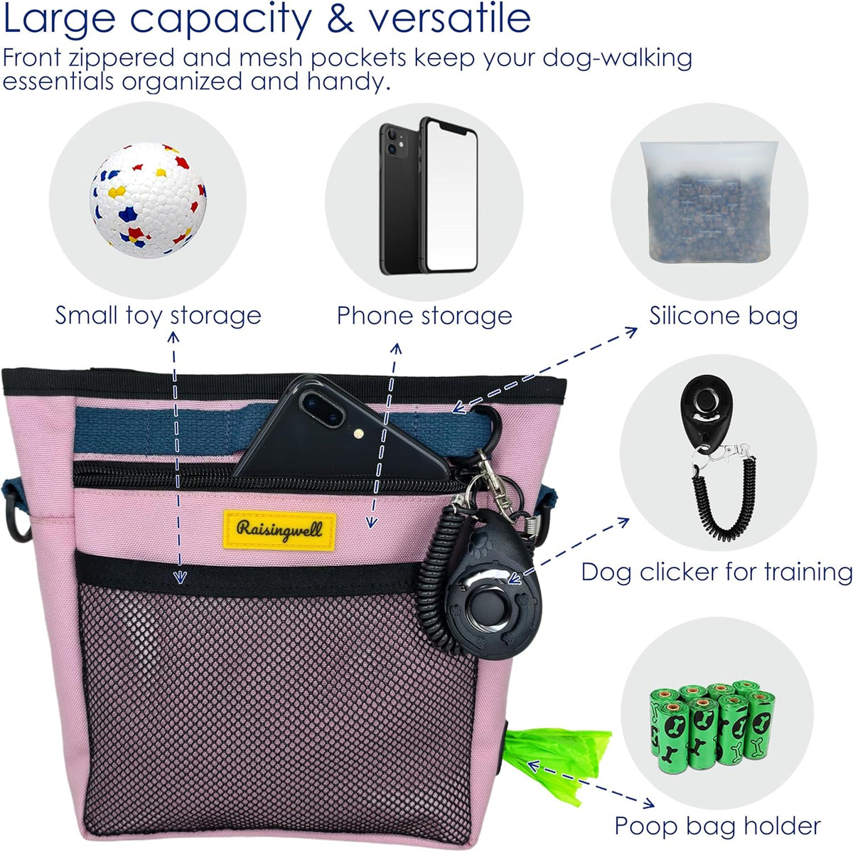 Dog Treat Pouch with Magnetic Closure 4-Cup Silicone Bag Fanny Pack Holder with Clicker 4 Ways to