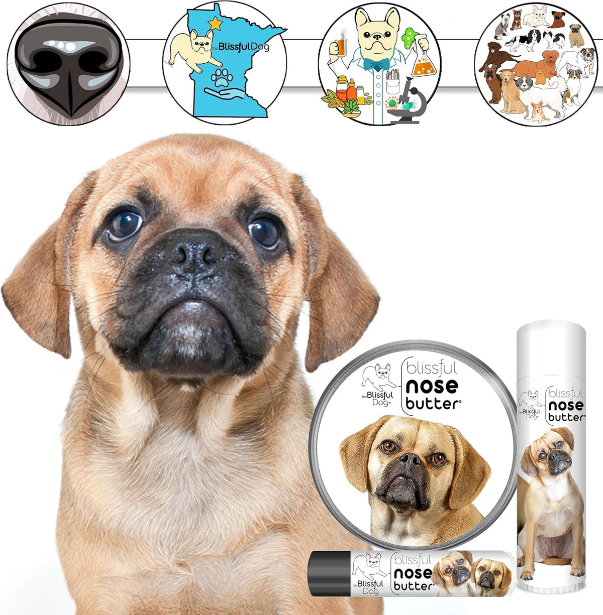 The Blissful Dog Puggle Nose Butter for Dry, Cracked Skin, Lick-Safe Dog Nose Balm with