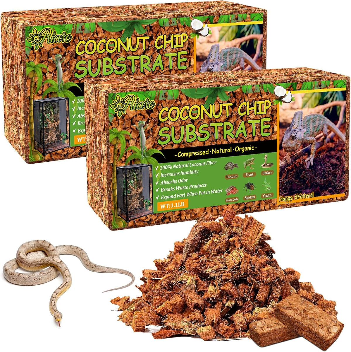 Riare 2 Pack Natural Coconut Chip Substrate for Reptiles- Compressed Coconut Husk Reptiles Bedding