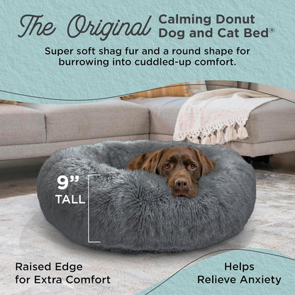 Best Friends by Sheri Original Calming Donut Dog and Cat Bed, Shag Faux Fur, Gray, (36in x 36in)