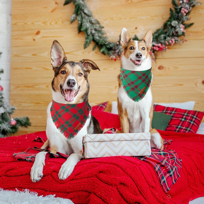 ADOGGYGO Christmas Dog Bandanas with Tassels, Red Green Plaid Pet Xmas Scarf Bib, Multiple Sizes