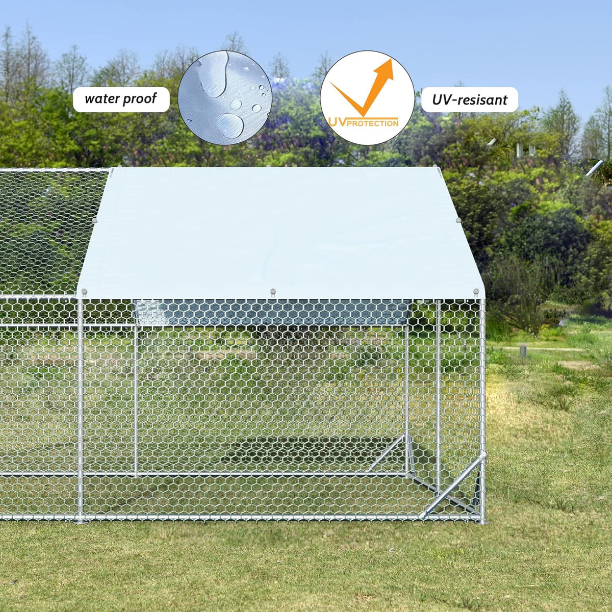 Large Metal Chicken Coop with Run Walk-in Poultry Cage Chicken Runs House Pen Cage Spire Roofed