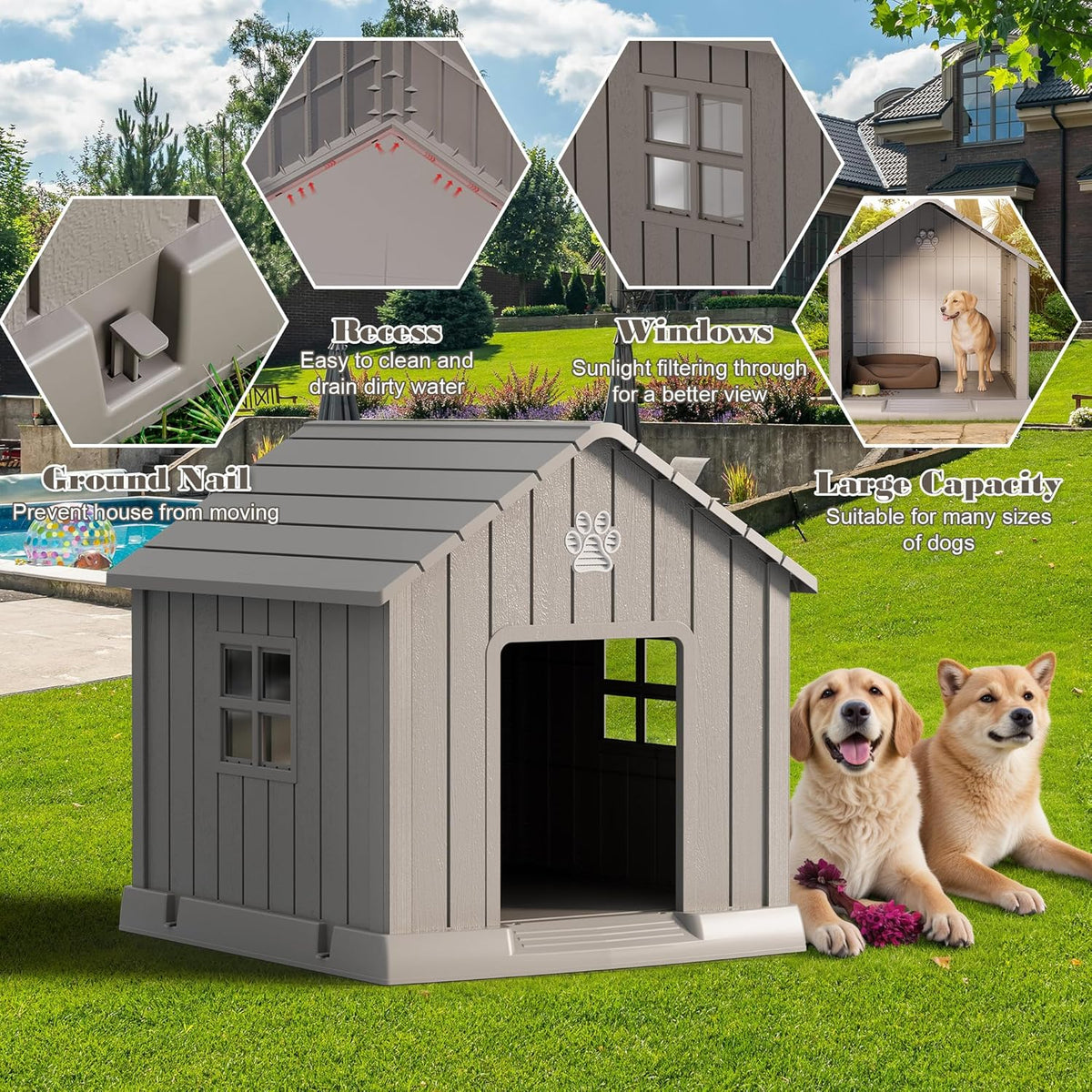Large Dog House Outdoor Indoor for Medium Large Dogs, Durable Plastic Waterproof Doghouse with Air