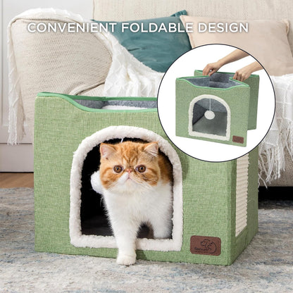 Bedsure Cat Beds for Indoor Cats - Large Cat Cave for Pet Cat House with Fluffy Ball Hanging and