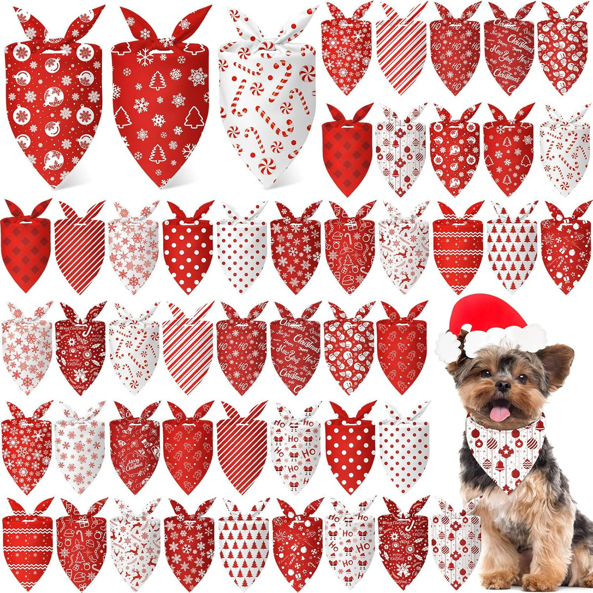 Abbylike 50 Pcs Christmas Dog Bandanas Bulk Xmas Red and White Bandanas for Dogs Triangle Kerchief