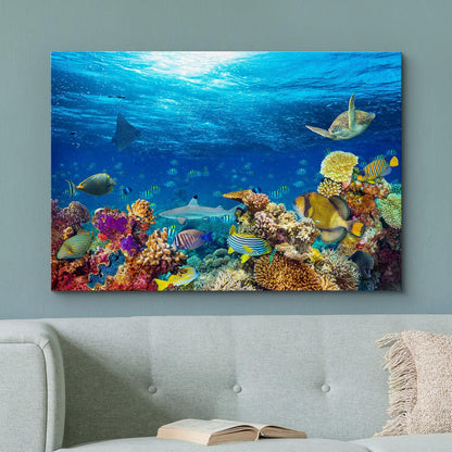 wall26 Canvas Print Wall Art Vibrant Sunshine Ray Coral Reef Turtle Fish Nature Animals Photography