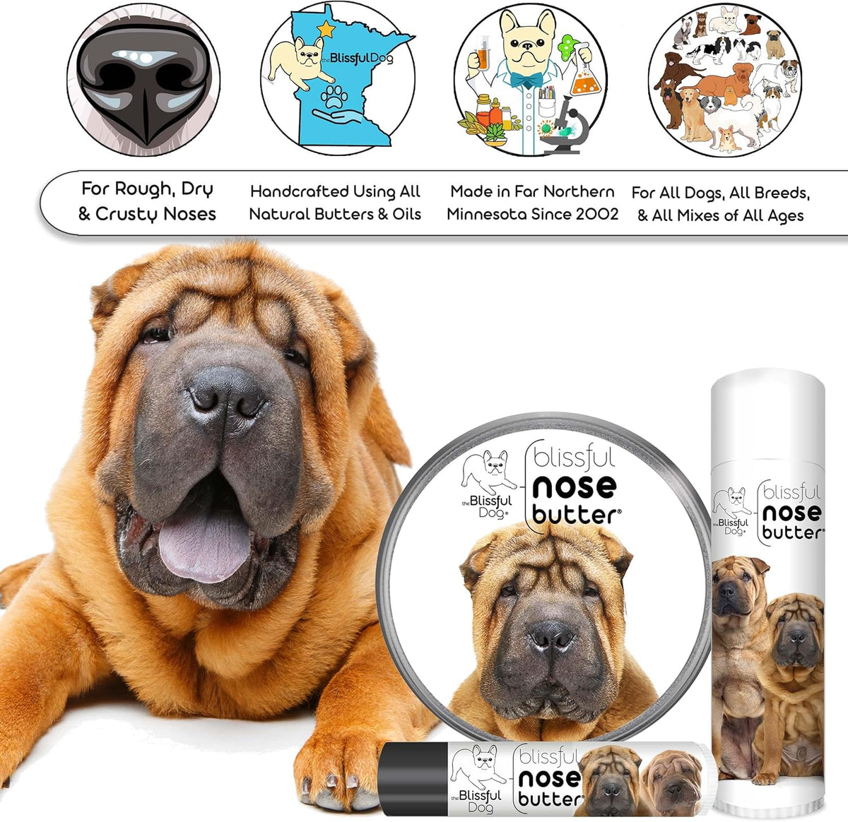 The Blissful Dog Chinese Shar-Pei Nose Butter for Dry, Cracked Skin, Lick-Safe Dog Nose Balm with
