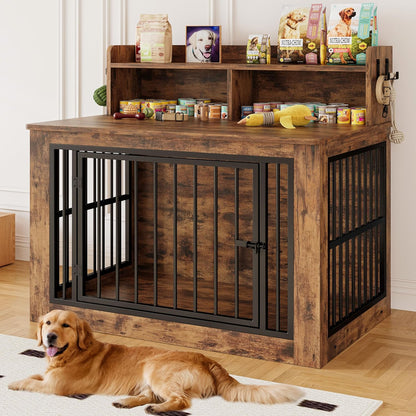 IRONCK Extra Large Dog Crate Furniture, 43.3 inches Wooden Dog Crate with Storage and 4 Hooks