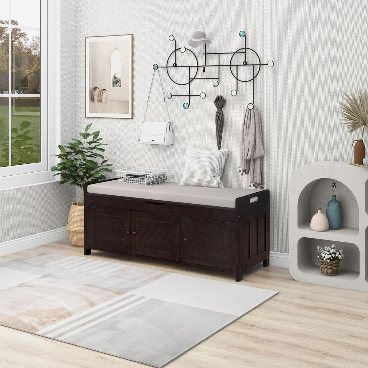 Shoe Storage Bench with 3 Shutter-Shaped Doors, Pine Wood Shoe Bench with Removable Cushion and