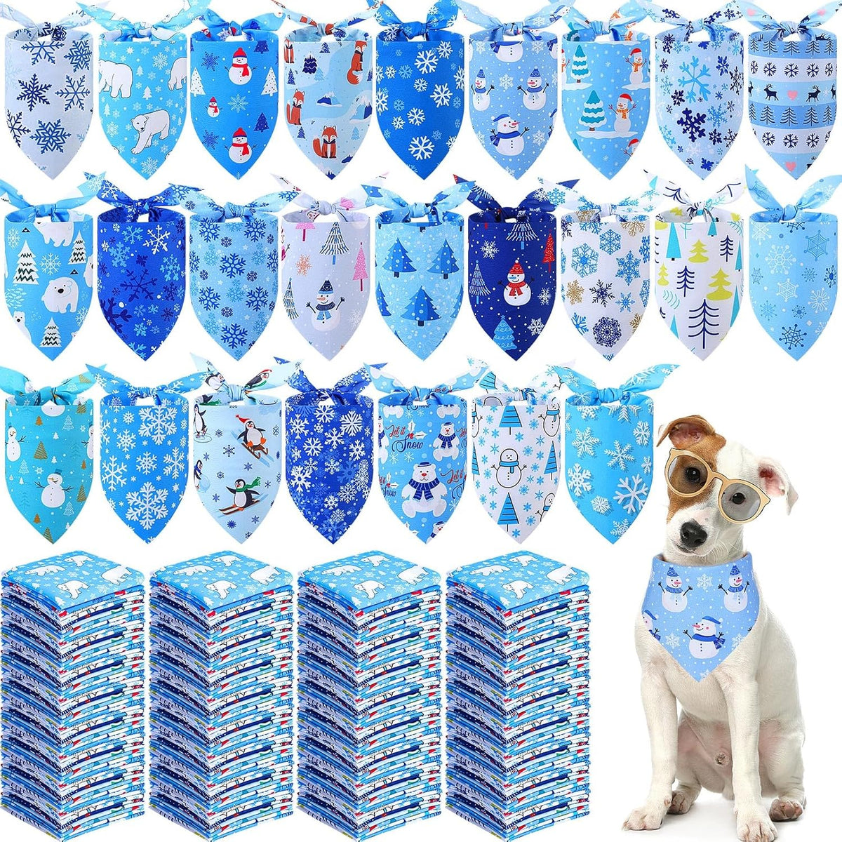 Abbylike 200 Pieces Winter Dog Bandanas Bulk Blue Snowflake Dog Bandanas for Pets Triangle Kerchief