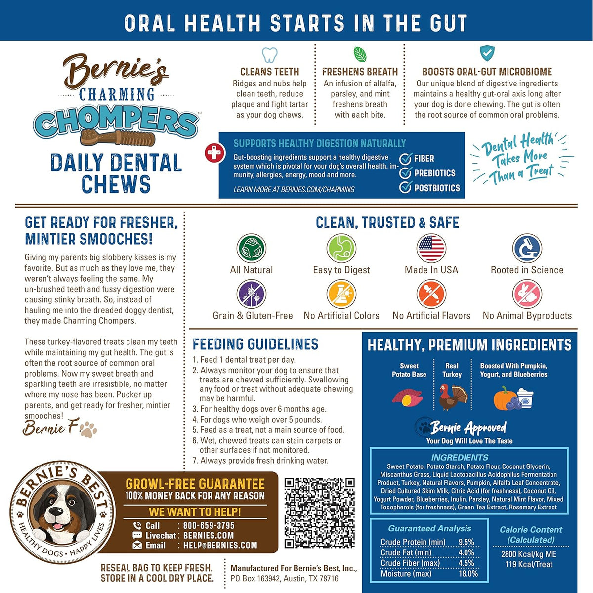 Bernie's Charming Chompers - Daily Dental Chews for Dogs 26-50 Lbs. - 36 Count - Cleans Teeth