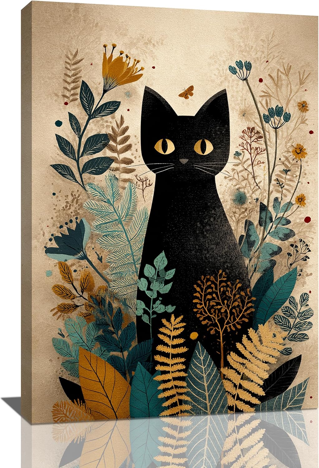 Boho Black Cat Wall Art Kitten Botanical Wall Decor Mid Century Modern Canvas Painting Print