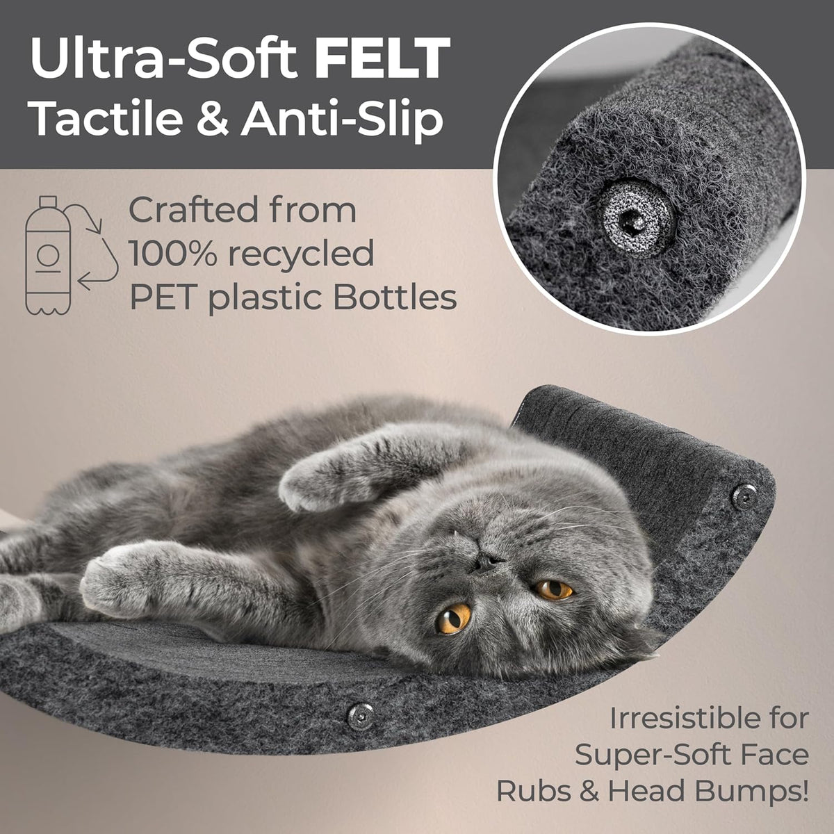 Wall Mounted Cat Shelves (Set of 4) by Pryde Pets - 100% Sustainable PET Felt Feline Enrichment