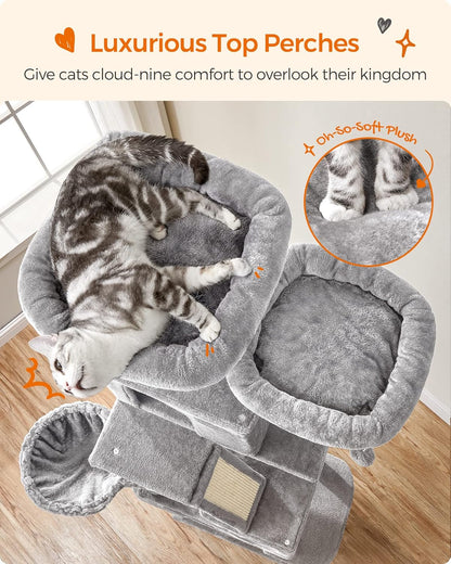 Feandrea Cat Tree, 81.1-Inch Large Cat Tower with 13 Scratching Posts, 2 Perches, 2 Caves, Basket