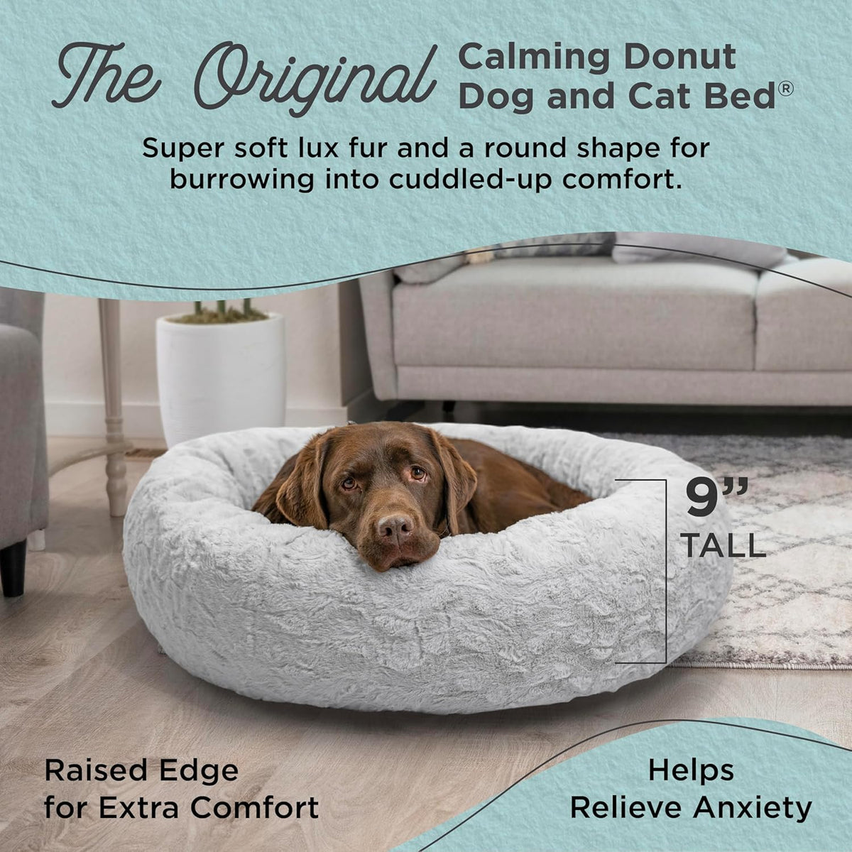 Best Friends by Sheri Original Calming Donut Dog and Cat Bed, Lux Faux Fur, Gray, (36in x 36in)