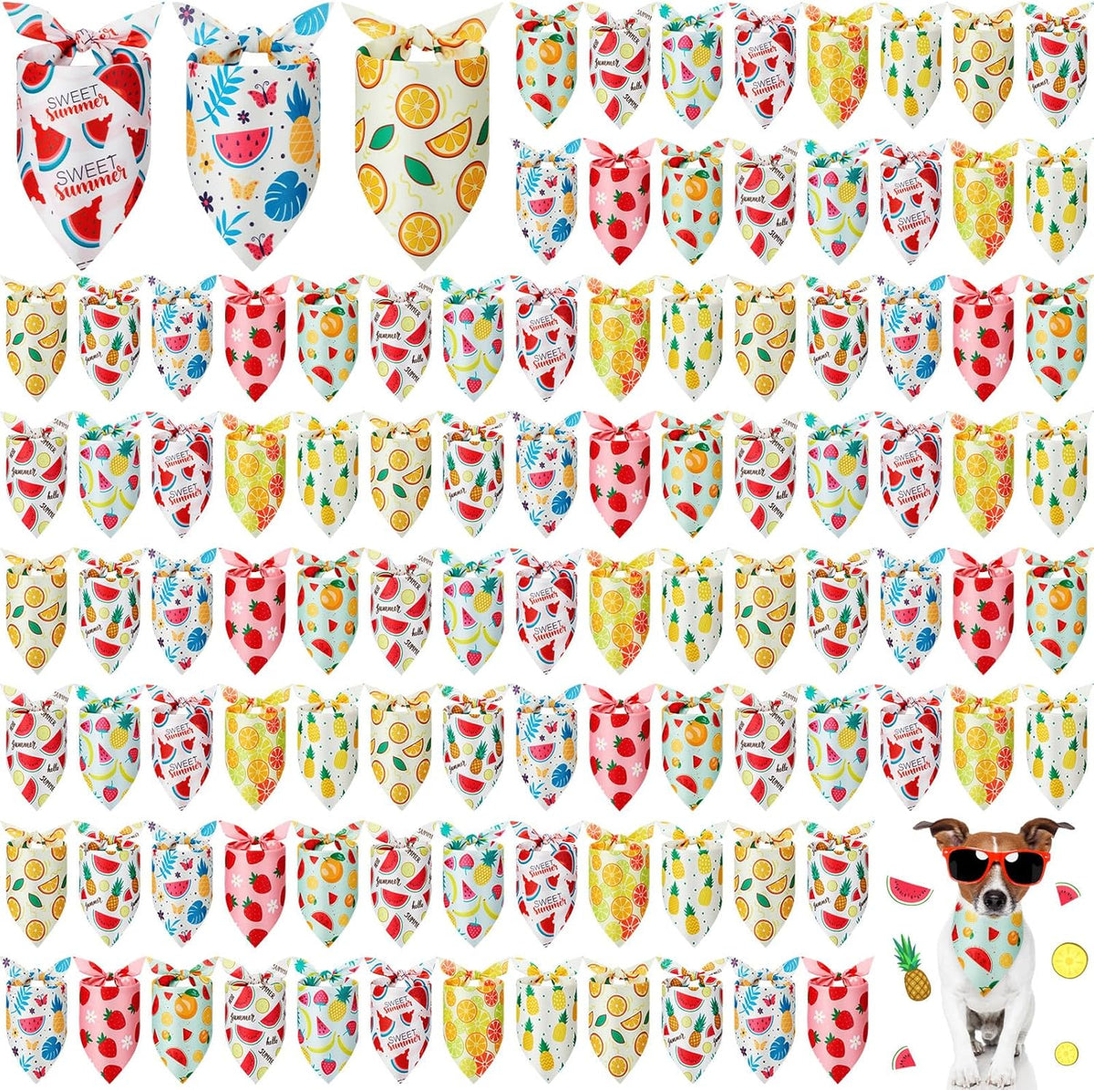 100 Pcs Fruit Dog Bandanas Bulk Summer Bandanas for Dogs Hawaiian Soft Bibs Adjustable Triangle