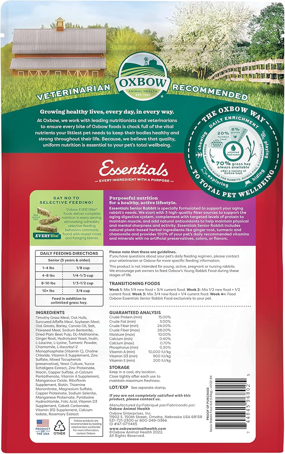 Oxbow Essentials Rabbit Food, Senior, Made with Oxbow Alfalfa for Rabbit, Vitamin & Mineral Rich
