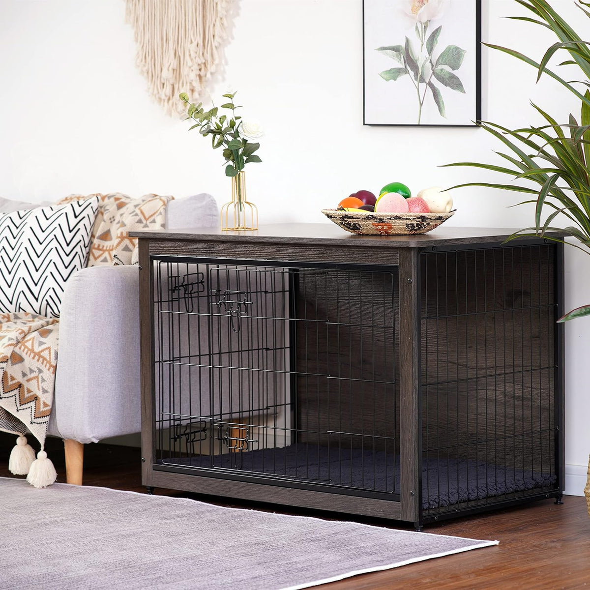 DWANTON Dog Crate Furniture with Cushion, Wooden Kennel Table with Double Doors, Indoor Dog House