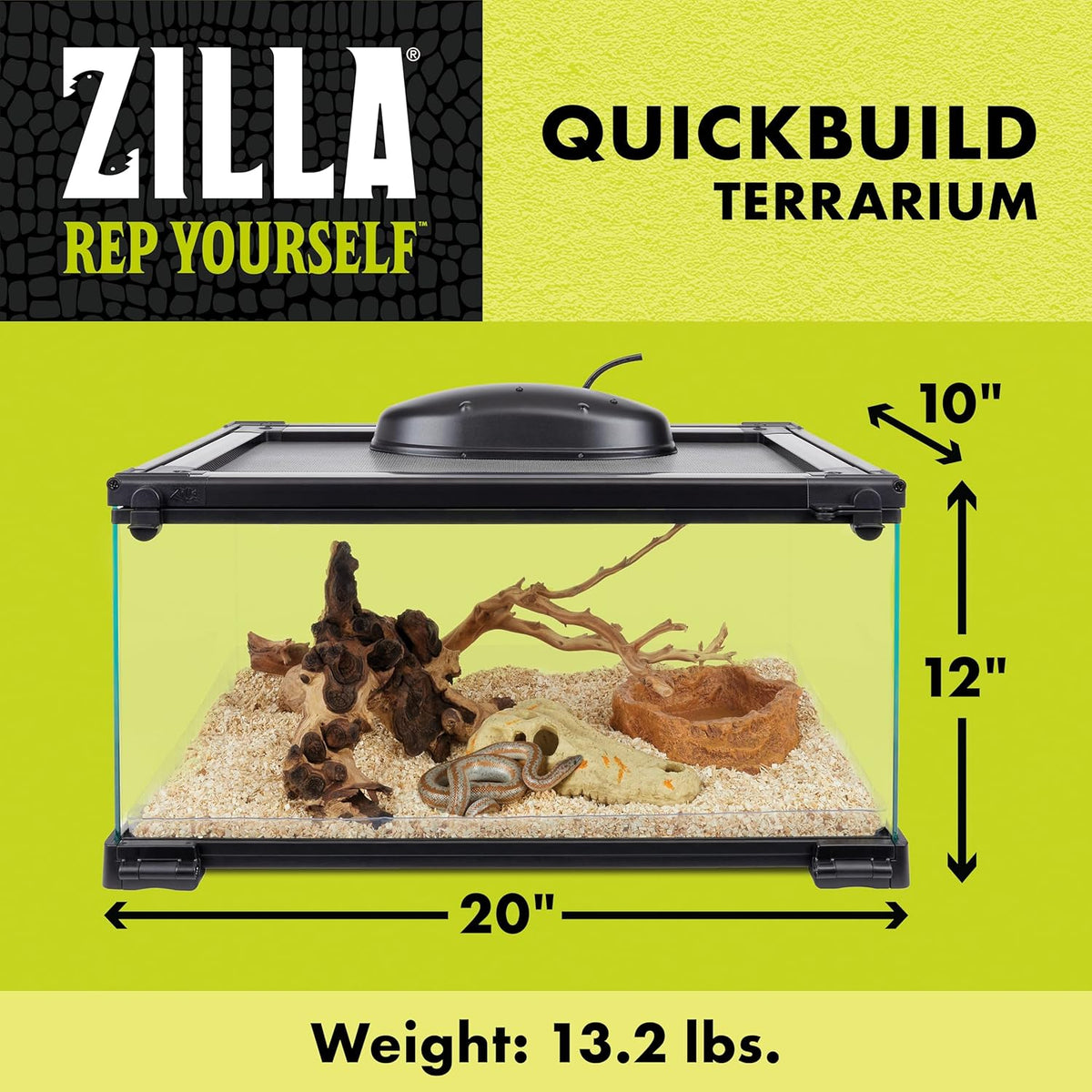Zilla QuickBuild Reptile 10 Gallon Glass Terrarium Habitat with Bedding Tray For Geckos, Snakes
