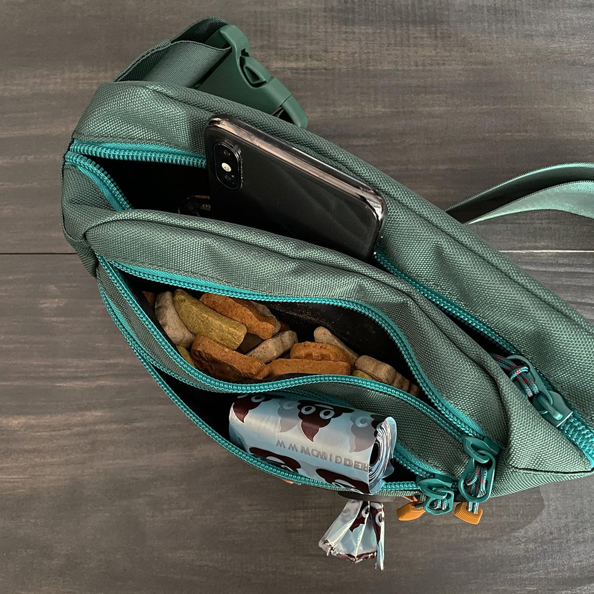 Wilderdog Utility Fanny Pack stores Treats, Balls, Keys in 3 Pockets with adjustable strap and Poop
