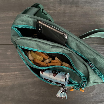 Wilderdog Utility Fanny Pack stores Treats, Balls, Keys in 3 Pockets with adjustable strap and Poop