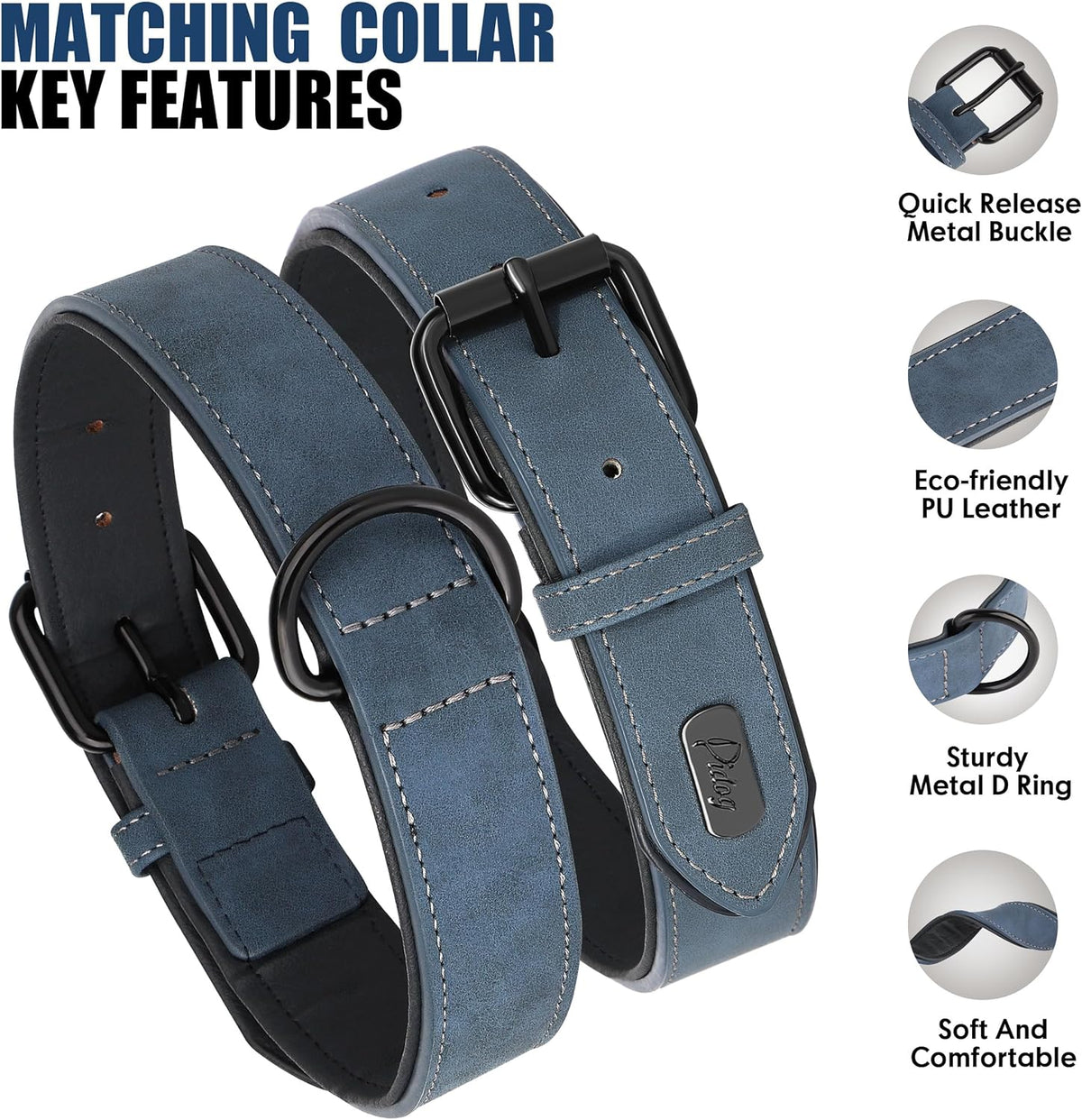 Didog Soft Padded Leather Dog Collar and Leash Set, Adjustable Dog Leash and Collar Set with Metal
