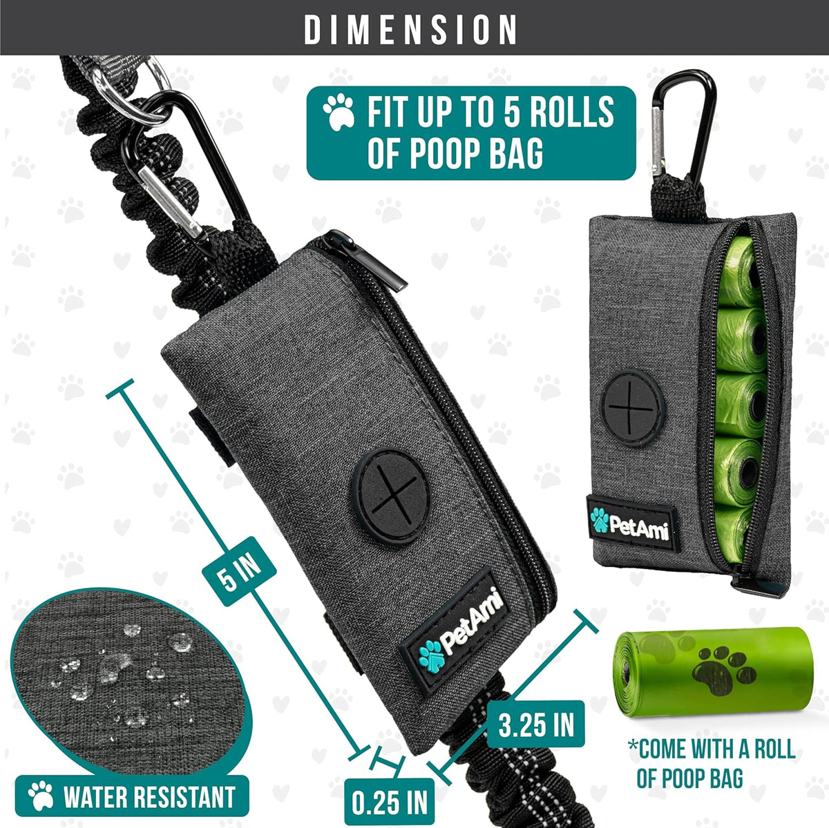 PetAmi Dog Poop Bag Holder for Leash, Dog Waste Bag Dispenser with Clip, Treat Pouch, Walking &