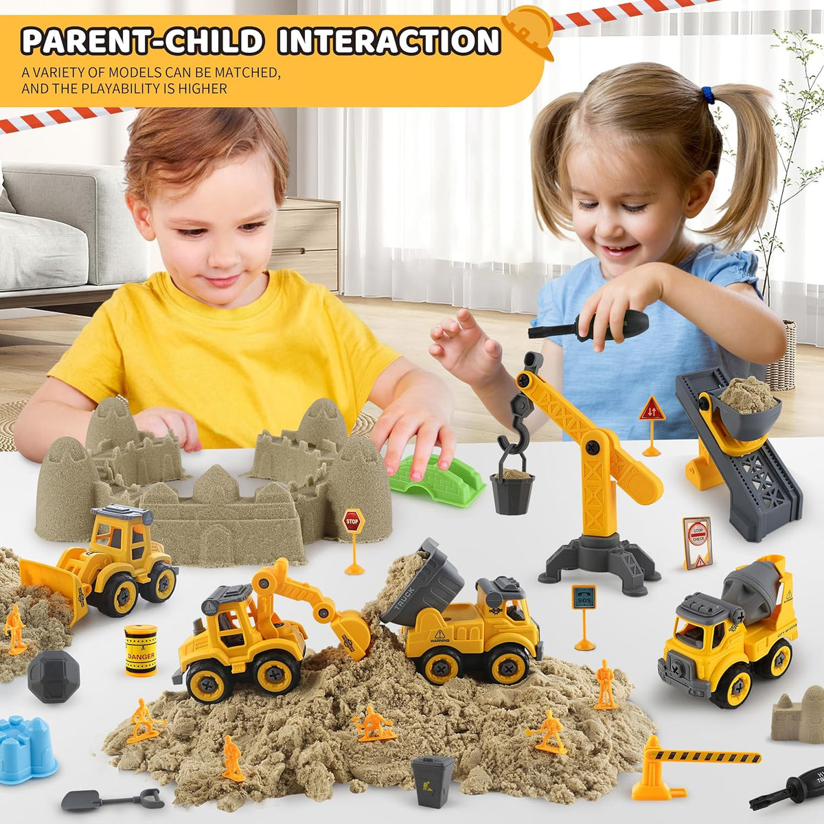 Asoxt 43-Piece Construction Sensory Playset – 2 lbs Play Sand, 4 DIY Trucks, Crane & Road Signs