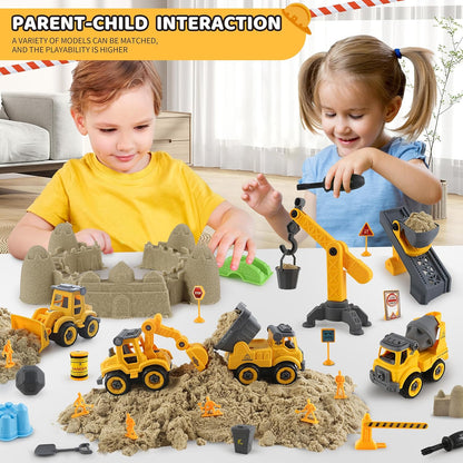 Asoxt 43-Piece Construction Sensory Playset – 2 lbs Play Sand, 4 DIY Trucks, Crane & Road Signs