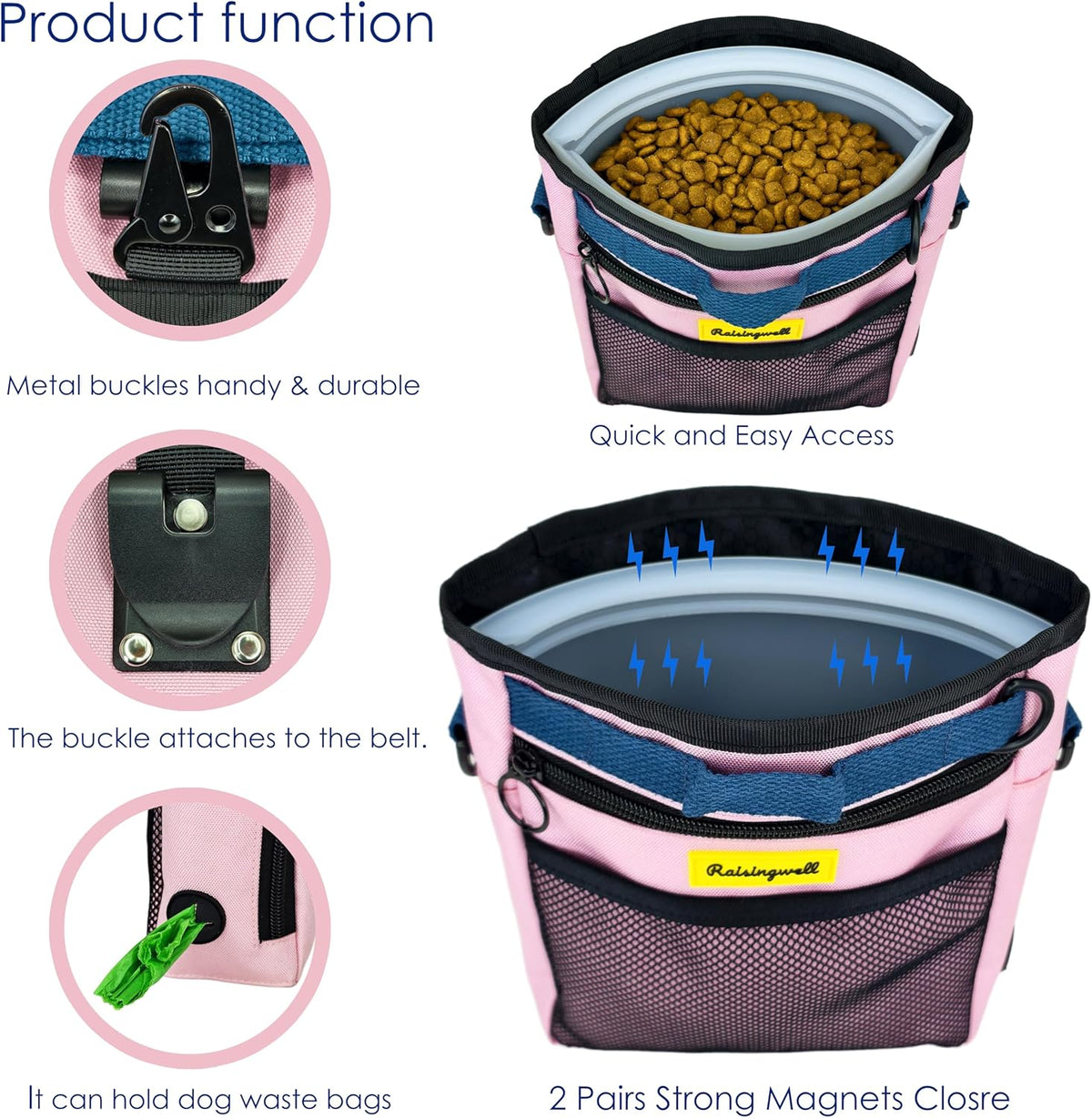 Dog Treat Pouch with Magnetic Closure 4-Cup Silicone Bag Fanny Pack Holder with Clicker 4 Ways to