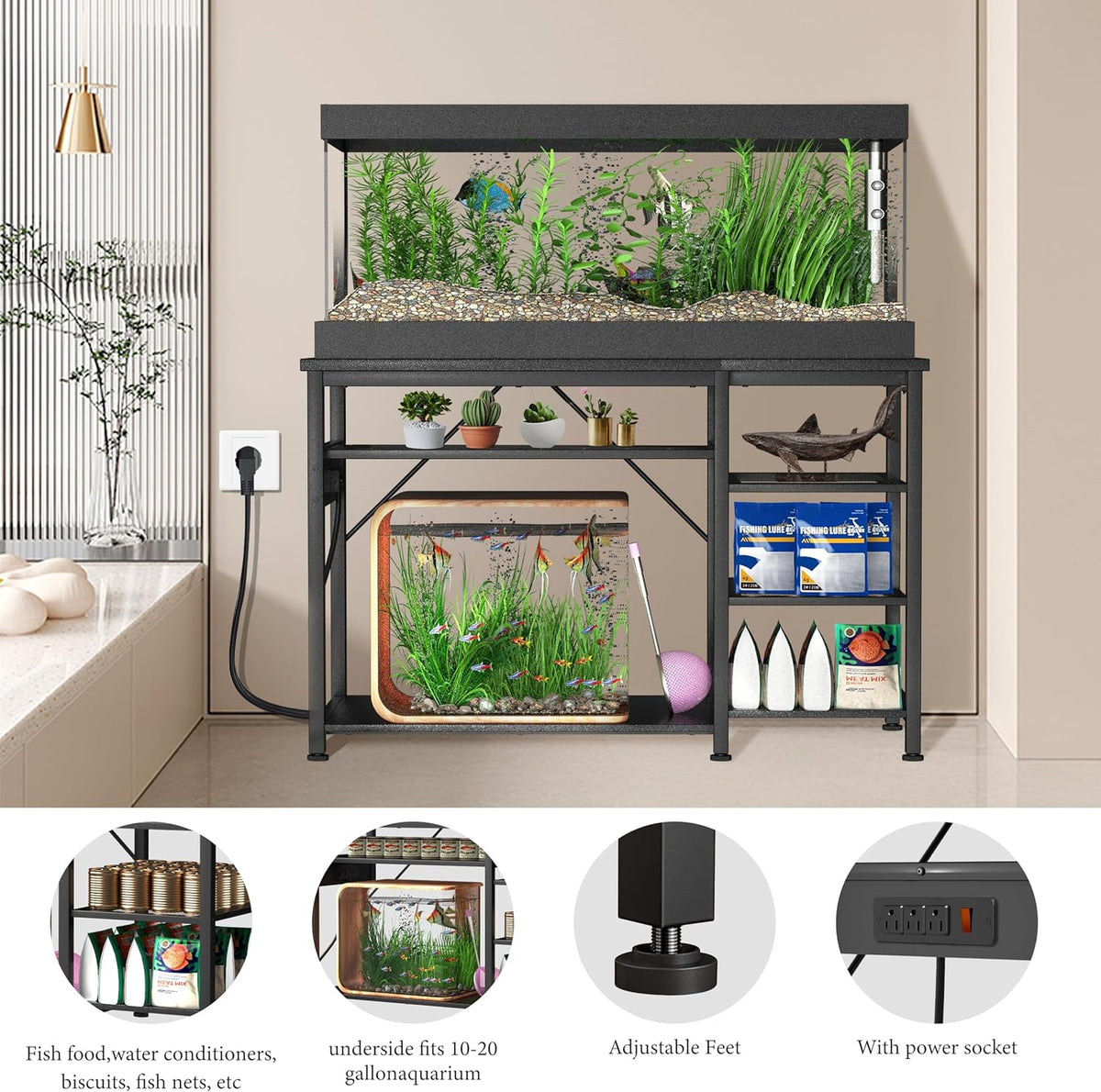 40-50 Gallon Fish Tank Stand: Heavy Duty Aquarium Stand with Power Outlets and Cabinet for Fish
