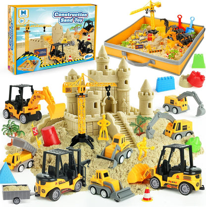 Sand Construction Site Kit - 37 Pcs Play Sand Art Kit with 8 Construction Trucks, Folding Sandbox