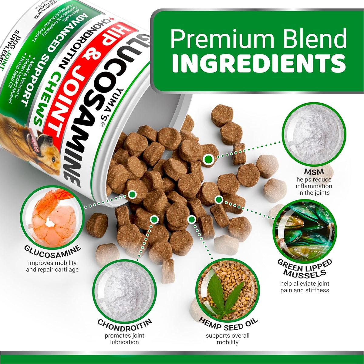 YUMA'S Glucosamine for Dogs - Hip and Joint Supplement for Dogs - 170 Ct - Glucosamine Chondroitin