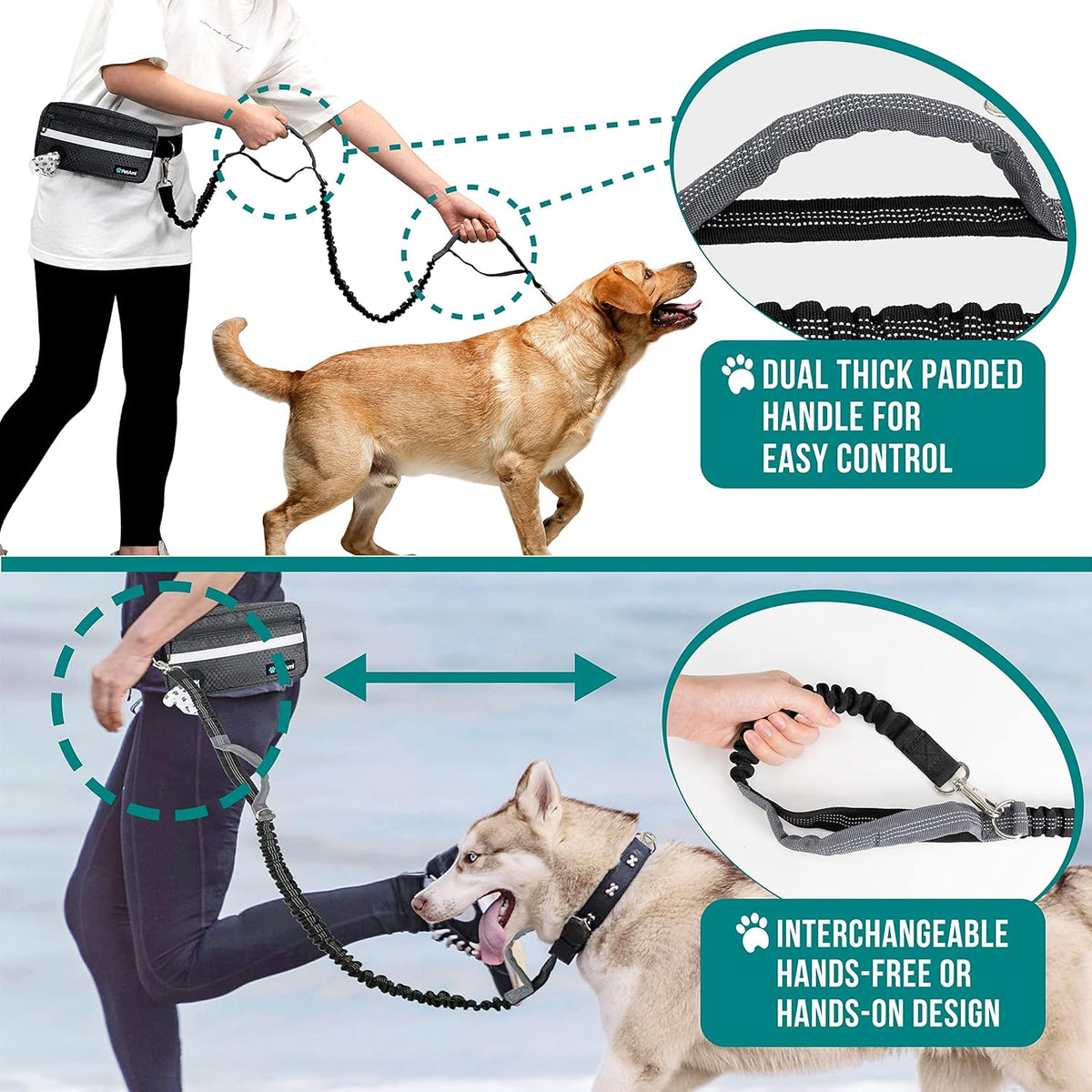 PetAmi Hands Free Dog Leash, Dog Running Leash Belt for Walking Jogging, Dog Waist Zipper Pouch