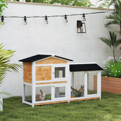 PawHut 62" Rabbit Hutch, Wooden Bunny Hutch, Guinea Pig Cage, Small Animal Enclosure with Run Area