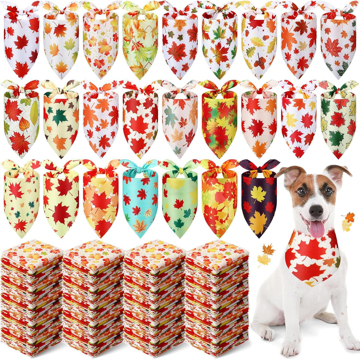 Abbylike 200 Pcs Fall Thanksgiving Dog Bandana Bulk Maple Leaves Bandana for Dogs Triangle Kerchief