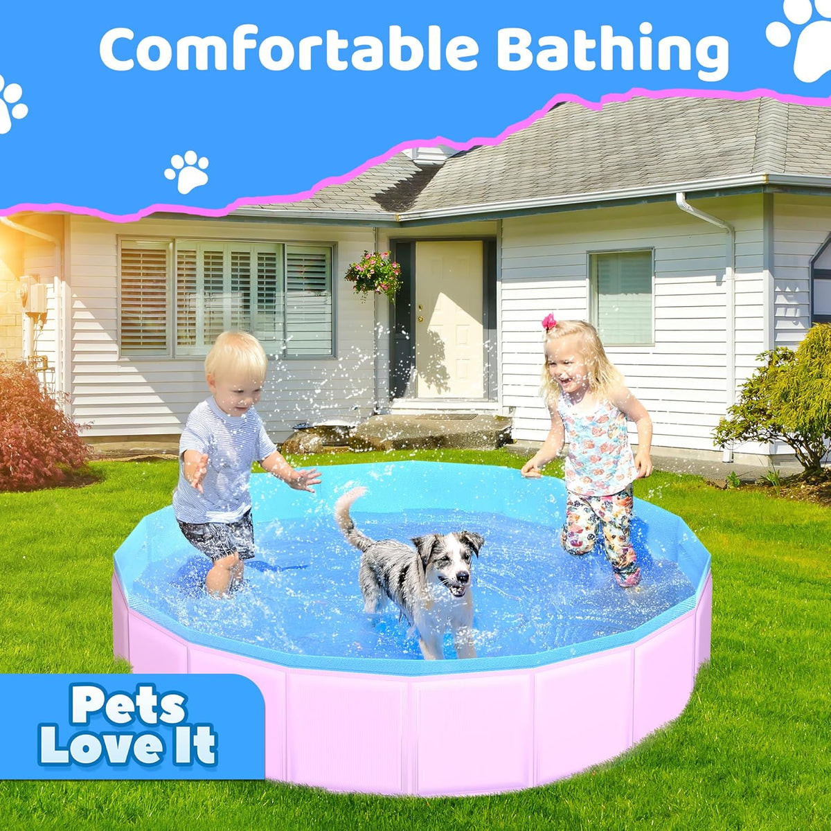 2025 Updated Foldable Dog Pool, 71" x 12" Kiddie Pool with Hard Plastic, Non-Slip Dog Bath Tub for