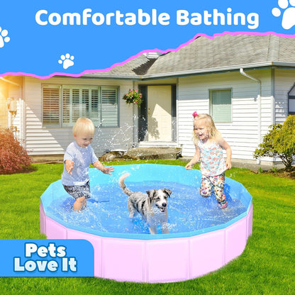 2025 Updated Foldable Dog Pool, 71" x 12" Kiddie Pool with Hard Plastic, Non-Slip Dog Bath Tub for