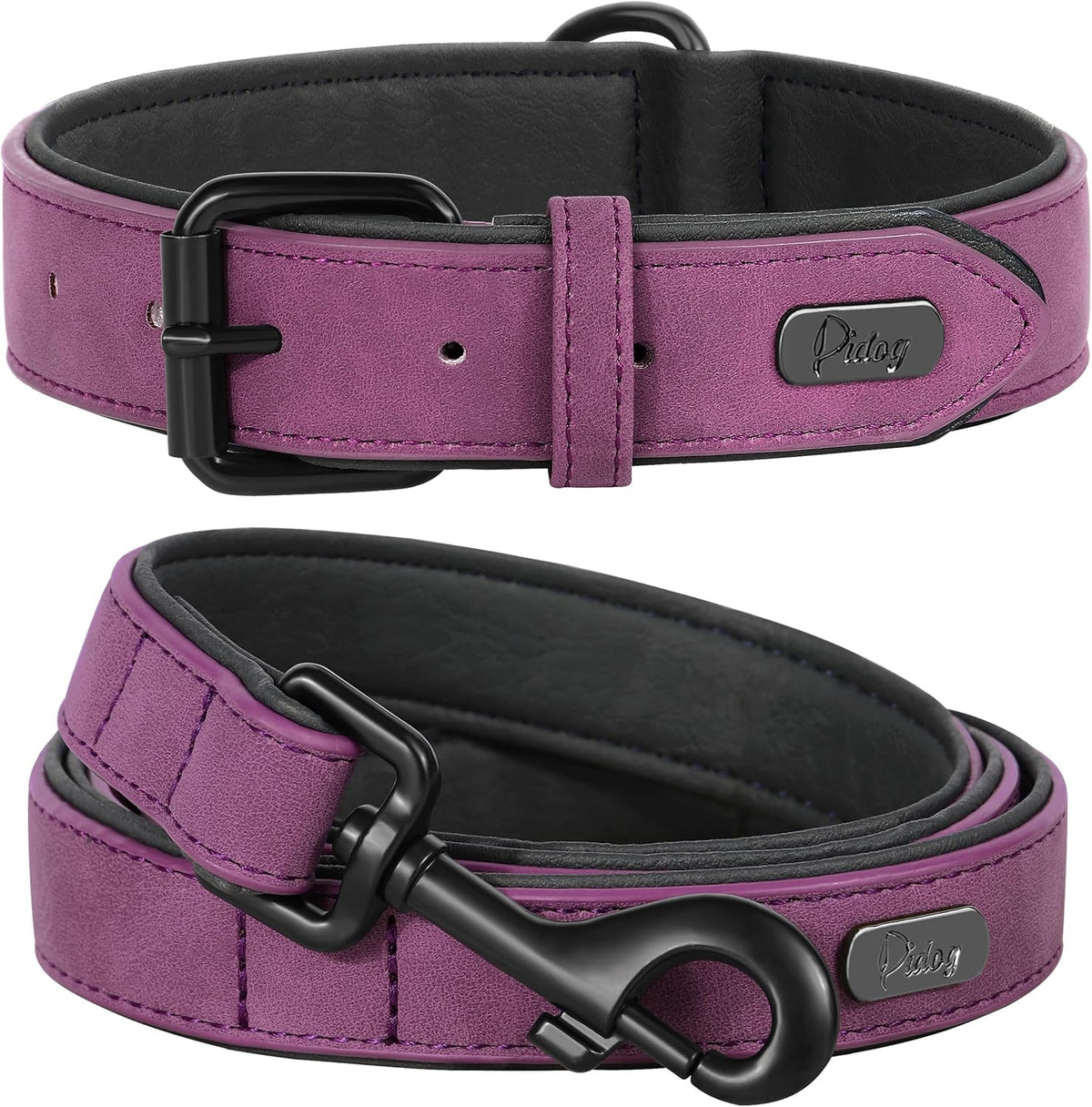 Didog Soft Padded Leather Dog Collar and Leash Set, Heavy Duty Dog Leash and Collar Set with Metal